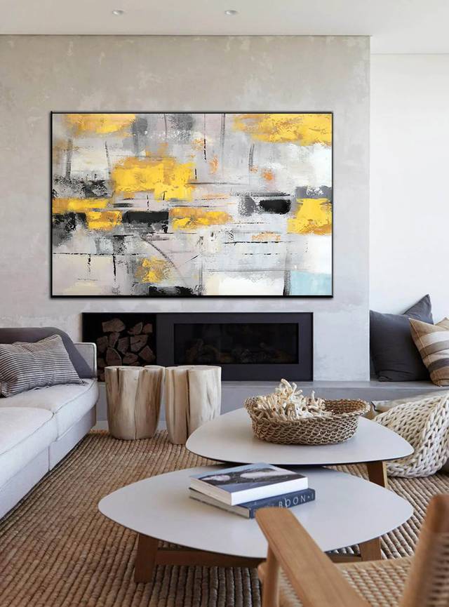 Yellow Hand-painted Original Room Gray Dining Abstract Canvas Artwork IMP1Z